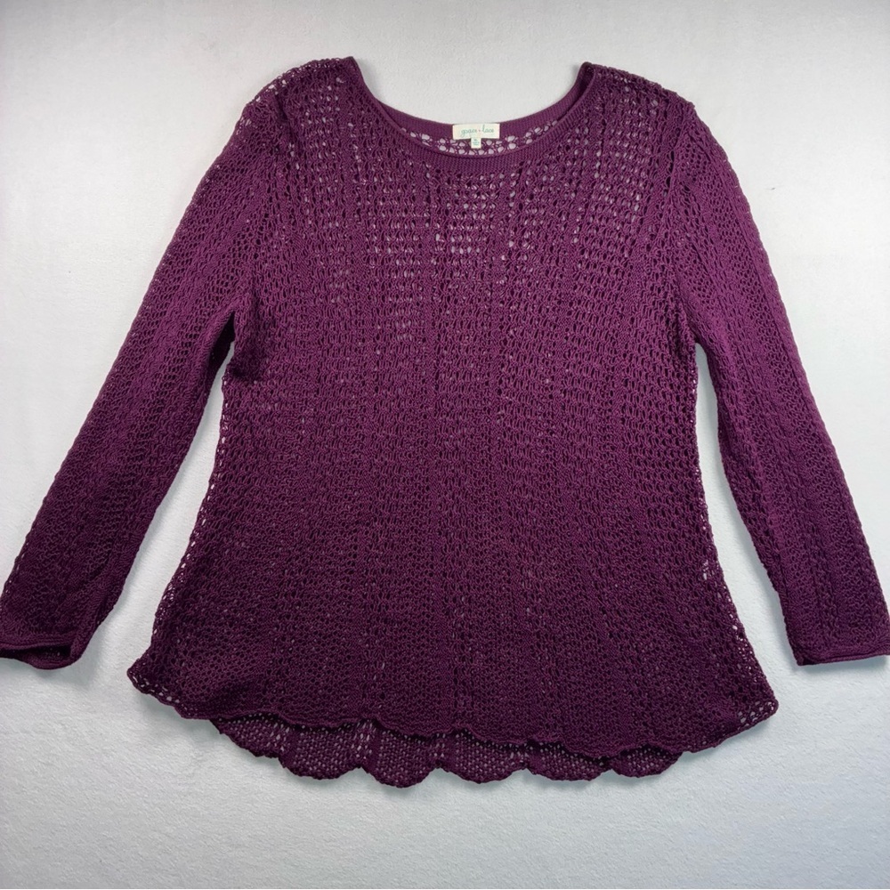 Grace & Lace Open Knit Sweater Eggplant Purple XL Scalloped Hem Lightweight